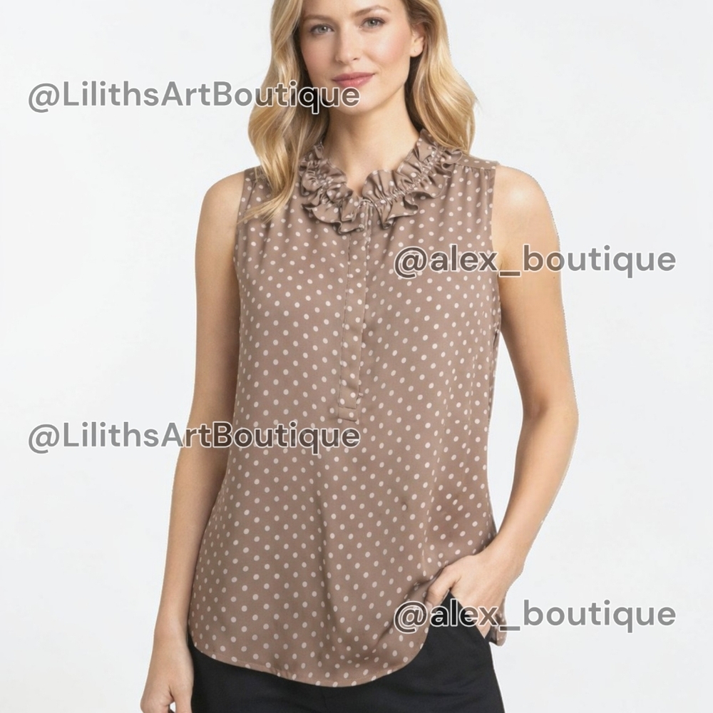 Nine West Suit Separates Polka Dot Ruffle Neck Sleeveless Blouse Size L (L033)